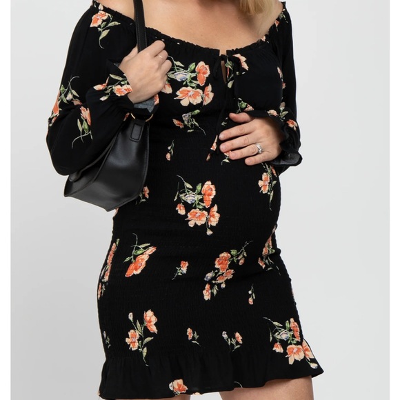 Pinkblush Dresses & Skirts - Black Floral Long Sleeve Smocked Maternity Mini Dress
